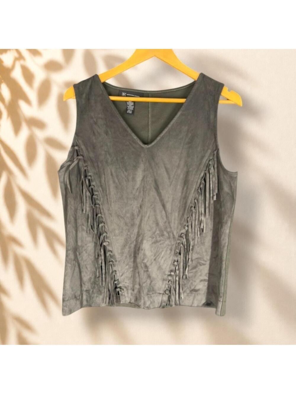 INC International Concepts Blouse Women L Large Gray V-Neck Sleeveless Fringe